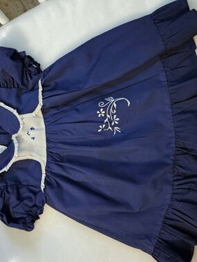 Little Lass Navy Blue and White Embroidered Cotton Dress